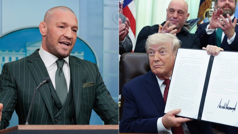 [Left] Conor McGregor speaks at the White House and [Right] President Trump presents an Executive Order