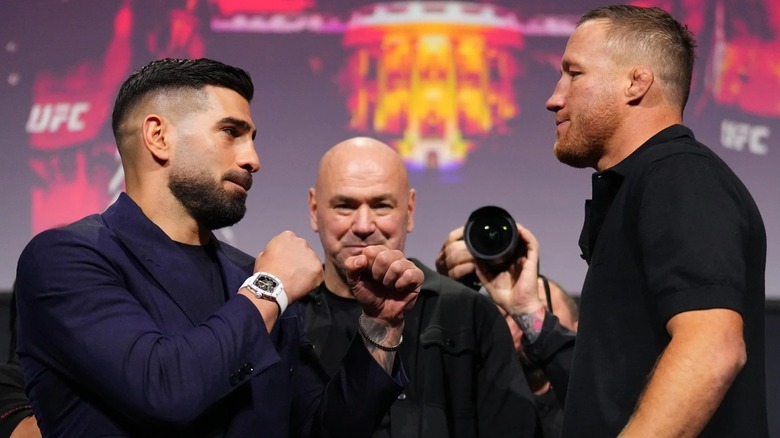 Ilia Topuria, Dana White, and Justin Gaethje at the UFC Freedom 250 Press Conference