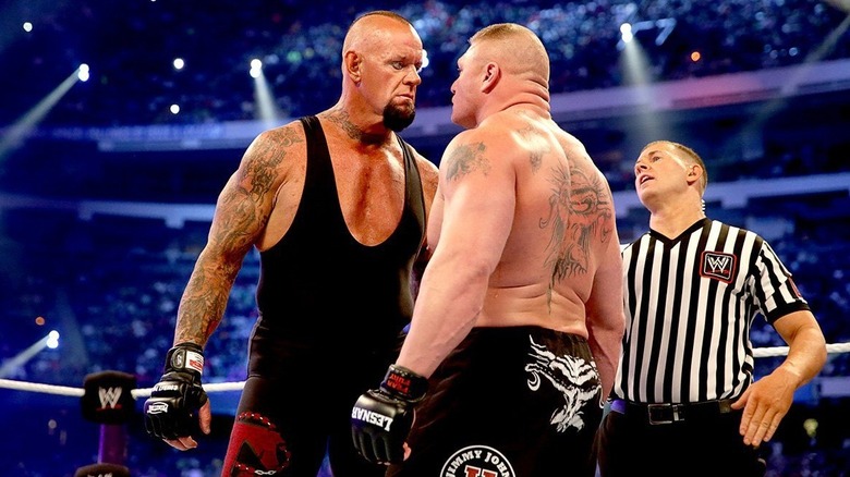 Undertaker and Brock Lesnar facing off at WWE WrestleMania 30