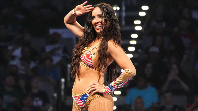 Chelsea Green salutes the crowd during SmackDown at Dickies Arena on April 25, 2025 in Fort Worth, Texas.