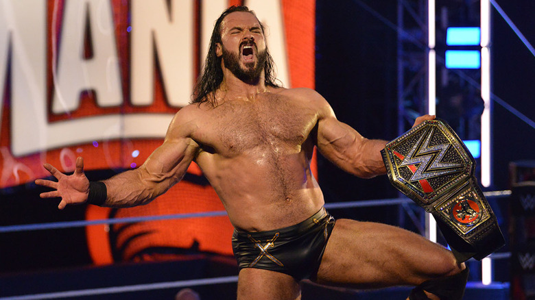 Drew McIntyre celebrates at WrestleMania 36