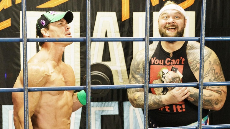 John Cena and Bray Wyatt during the "Firefly Fun House" match at WrestleMania 36.