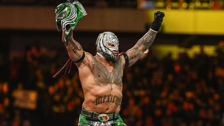 Rey Mysterio posing on the turnbuckles