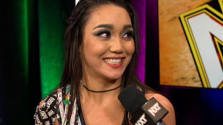 Roxanne Perez being interviewed backstage on "WWE NXT"
