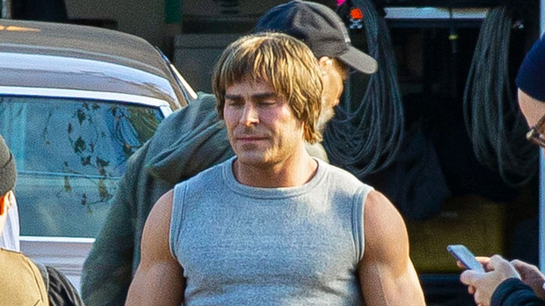 Zac Efron in costume for his role as Kevin Von Erich