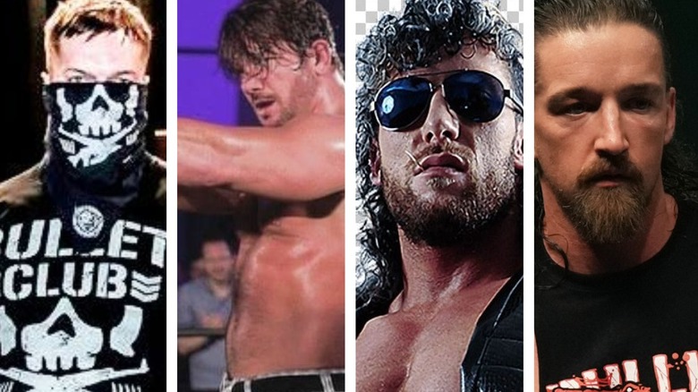 A collage photo of all four Bullet Club leaders (from left to right): Finn Balor (Prince Devitt), AJ Styles, Kenny Omega, and Jay White