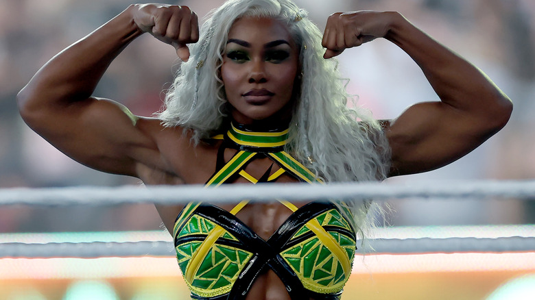 Jade Cargill makes her entrance before her match against Tiffany Stratton during the WWE 2025 SummerSlam at MetLife Stadium on August 02, 2025 in East Rutherford, New Jersey.