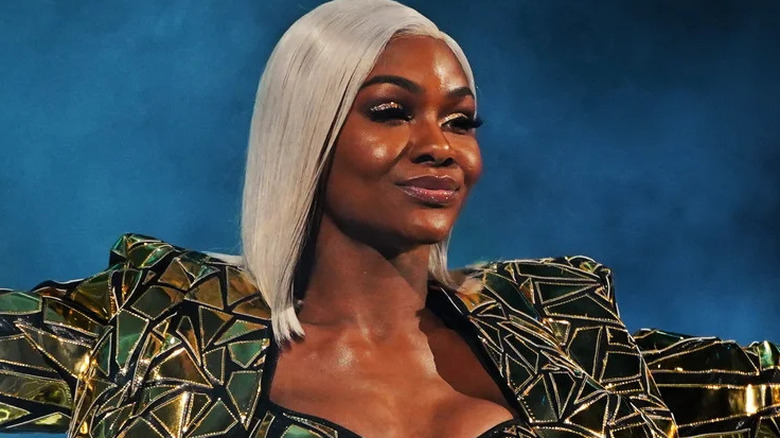 Jade Cargill poses on the stage in AEW before making her way down to the ring for a segment on television.