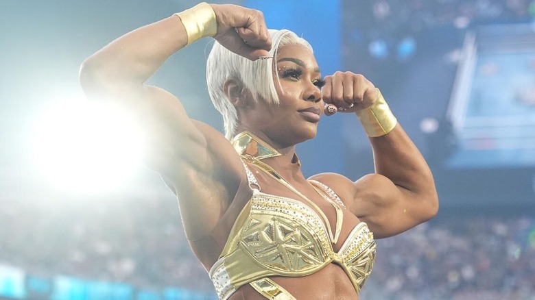 Jade Cargill flexes and poses in the ring before her match against Naomi at WrestleMania 41.