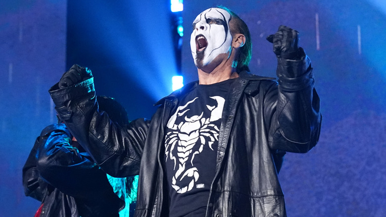 Sting poses on the ramp during his entrance before his retirement match at AEW Revolution 2024.
