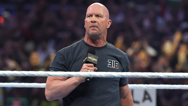Stone Cold Steve Austin holding a mic at WWE WrestleMania 41