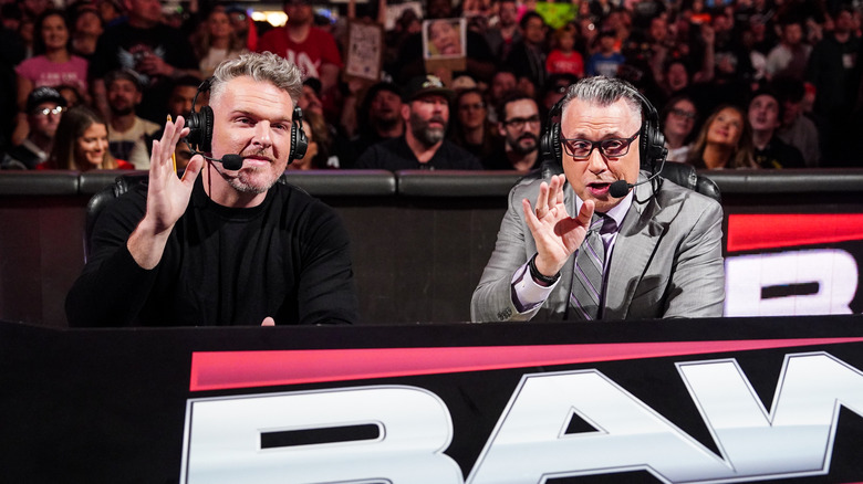 Pat McAfee and Michael Cole on commentary during Monday Night RAW at Target Center on April 7, 2025 in Minneapolis, Minnesota.