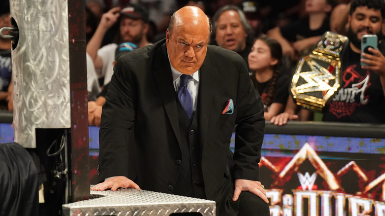 Paul Heyman looks on during Monday Night RAW at PHX Arena on June 9, 2025 in Phoenix, Arizona.