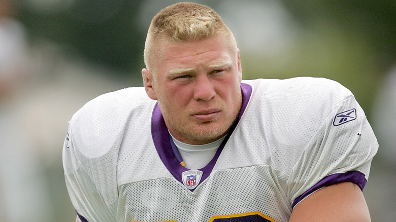 Brock Lesnar wearing his Minnesota Vikings football equipment