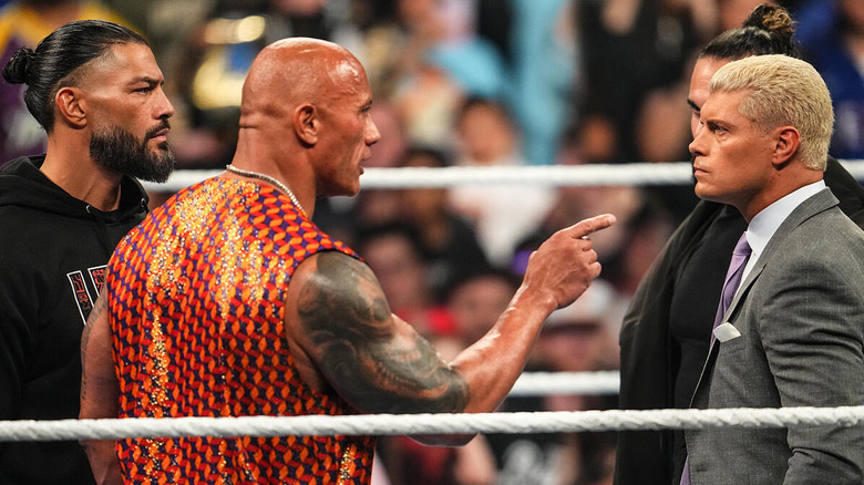 Dwayne "The Rock" Johnson pointing at Cody Rhodes on "WWE SmackDown"