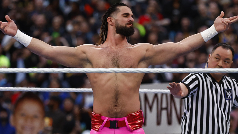 Seth Rollins wearing pink wrestling pants