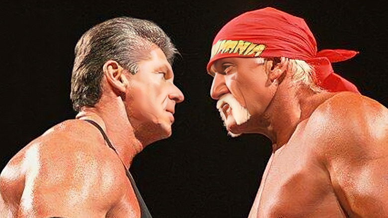 Vince McMahon and Hulk Hogan staring one another down during their WreslteMania XIX match.