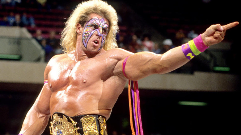 Ultimate Warrior pointing at his opponent