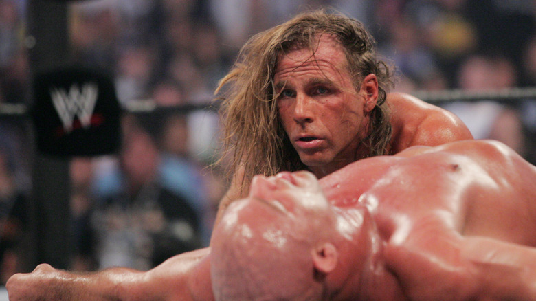 Shawn Michaels and Kurt Angle at Wrestlemania 21