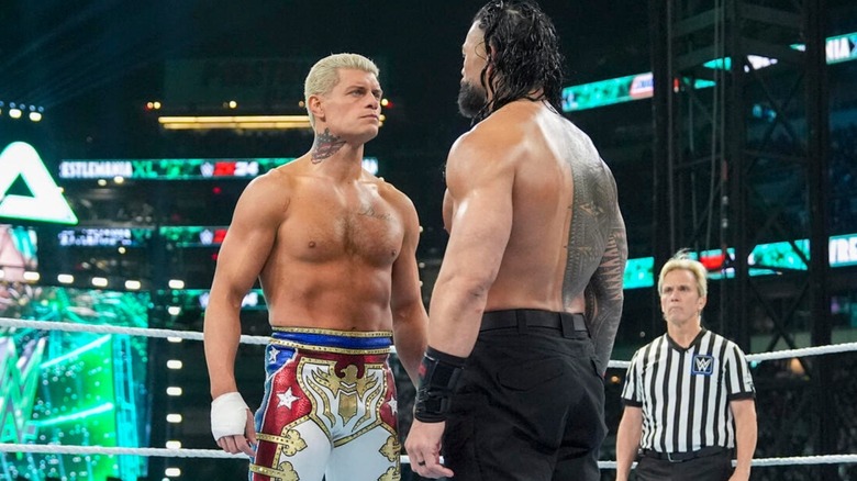 Cody Rhodes and Roman Reigns stare each other down before their match for the Undisputed WWE Universal Championship at WrestleMania 40.