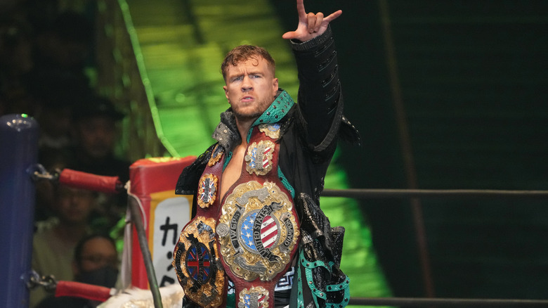  Will Ospreay enters the ring during the New Japan Pro-Wrestling at Edion Arena Osaka on November 04, 2023 in Osaka, Japan.