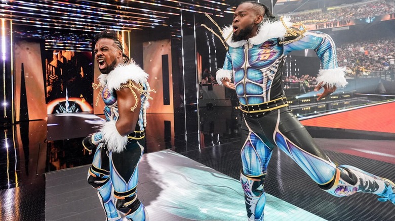 Xavier Woods and Kofi Kingston making their way to the ring ahead of their World Tag Team Title Match against The Viking Raiders at WrestleMania 41.