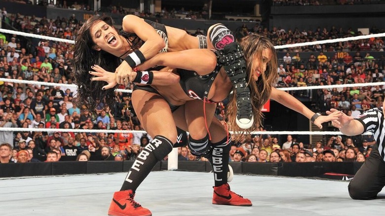 AJ Lee puts Nikki Bella in the Black Widow in the middle of the ring during their triple threat match against Paige at Night of Champions 2014.