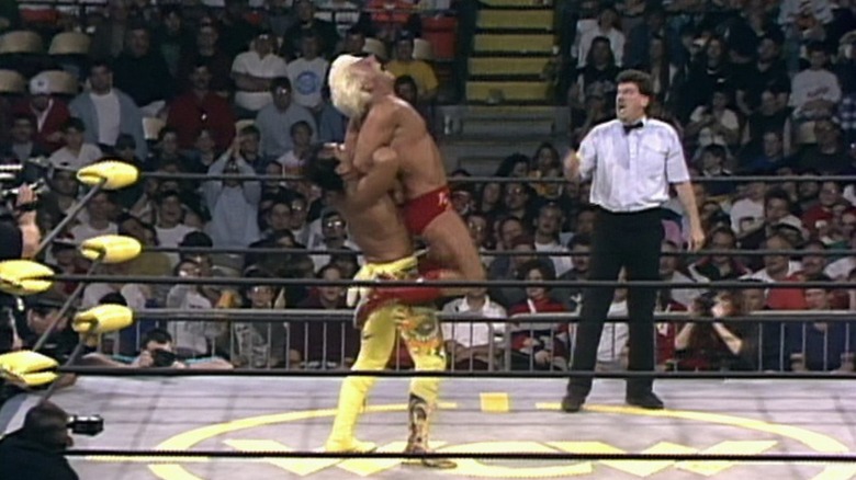Ricky Steamboat grapples Ric Flair in the ring