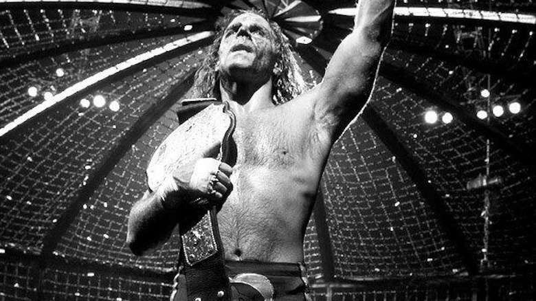 Shawn Michaels holds the newly-won World Heavyweight Championship inside the Elimination Chamber