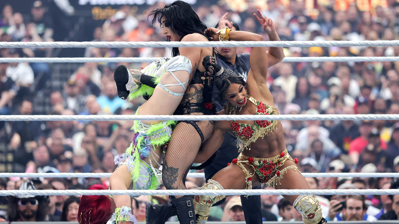 IYO SKY, Rhea Ripley, and Bianca Belair at WWE WrestleMania 41