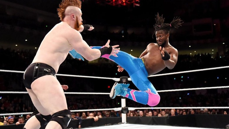 Kofi Kingston hits a dropkick to Sheamus in the ring during the New Day's match against Sheamus and Cesaro at Roadblock 2016.