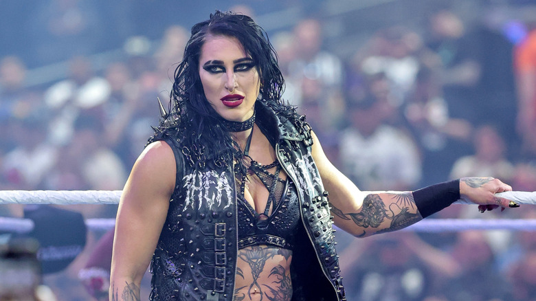 Rhea Ripley is introduced before the Women's World Championship title match against Iyo Sky and Bianca Belair during WrestleMania 41