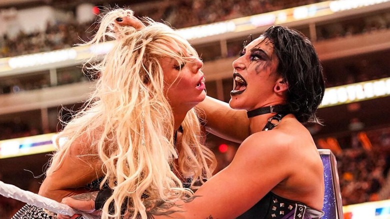 Rhea Ripley screams in Charlotte Flair's face at WrestleMania 39