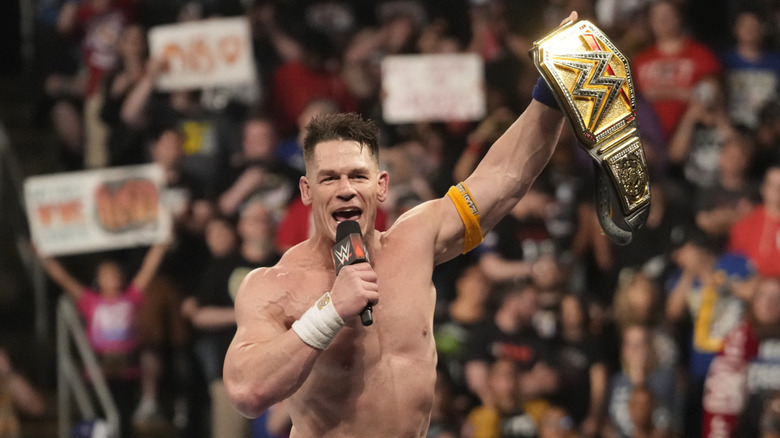 Undisputed WWE Champion John Cena addresses the crowd during WWE Backlash at Enterprise Center on May 10, 2025 in St Louis, Missouri.