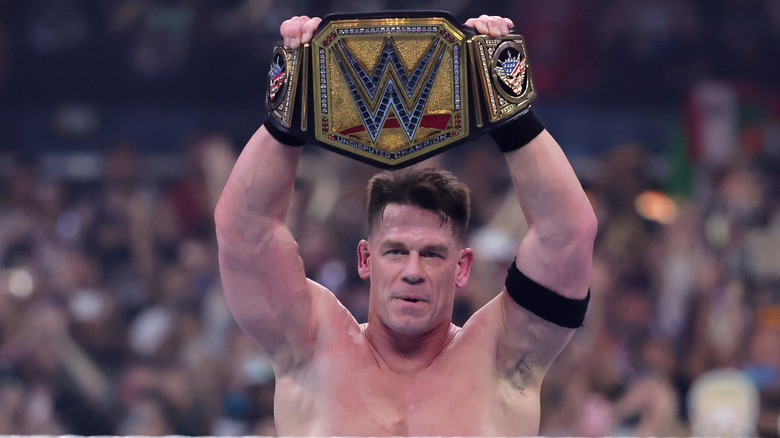 John Cena celebrates after defeating Cody Rhodes for the Undisputed WWE Championship during WrestleMania 41 at Allegiant Stadium on April 20, 2025 in Las Vegas, Nevada.