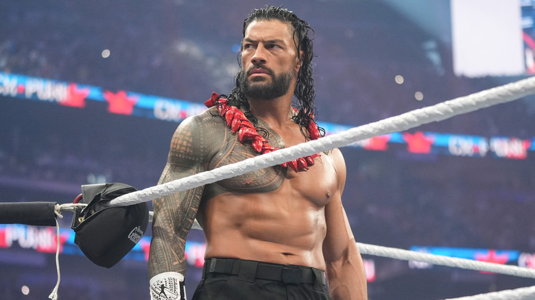 Roman Reigns looks on during WrestleMania 41 Saturday at Allegiant Stadium on April 19, 2025 in Las Vegas, Nevada.