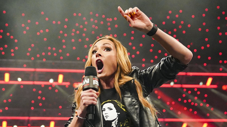 Becky Lynch talks on the microphone during Monday Night RAW at CHI Health Center on May 5, 2025 in Omaha, Nebraska.