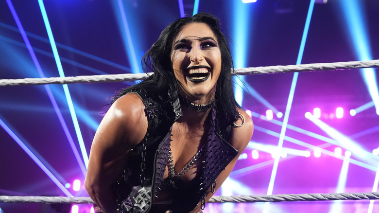 Rhea Ripley enters the ring during Monday Night RAW at T-Mobile Center on April 28, 2025 in Kansas City, Missouri.
