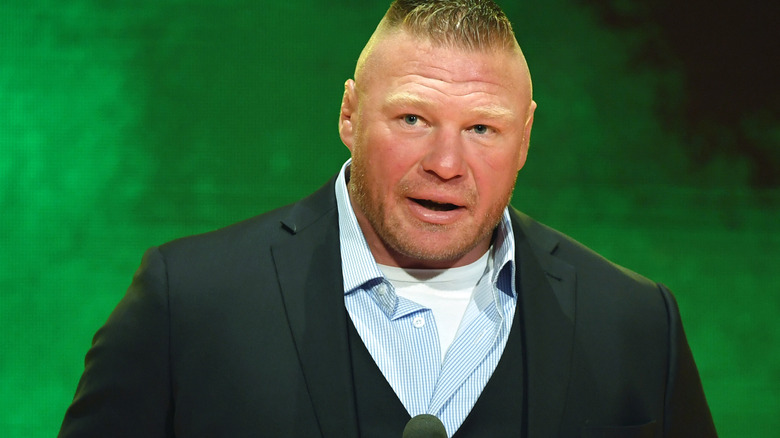WWE champion Brock Lesnar speaks during a WWE news conference at T-Mobile Arena on October 11, 2019 in Las Vegas, Nevada. Lesnar will face former UFC heavyweight champion Cain Velasquez and WWE wrestler Braun Strowman will take on heavyweight boxer Tyson Fury at the WWE's Crown Jewel event at Fahd International Stadium in Riyadh, Saudi Arabia on October 31.