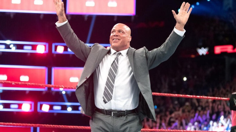 WWE Hall of Famer Kurt Angle poses in the ring before a promo on "WWE Raw."