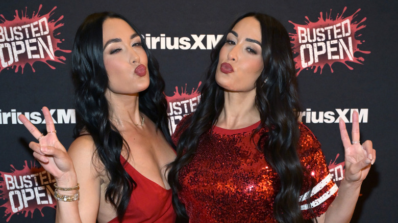 Brie Bella (L) and Nikki Bella of the Bella Twins attend the SririusXM Busted Open Wrestlemania party at Intrigue at Wynn Las Vegas on April 19, 2025 in Las Vegas, Nevada.