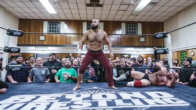 Jaka poses in the ring before executing a move during a match at Beyond Wrestling.