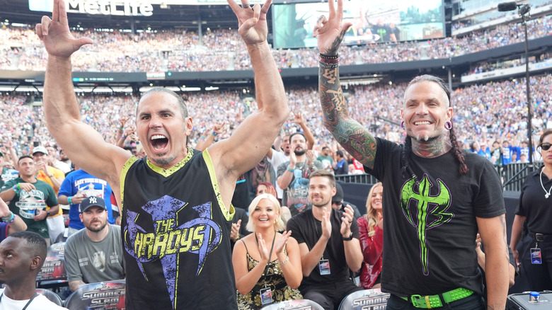Matt Hardy and Jeff Hardy in the audience during SummerSlam at MetLife Stadium on August 3, 2025 in East Rutherford, New Jersey.