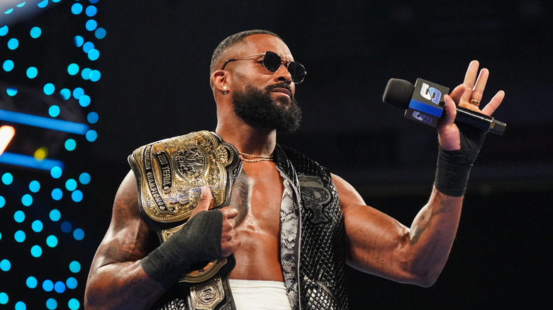 Montez Ford speaks during SmackDown at Nutter Center on May 9, 2025 in Fairborn, Ohio.