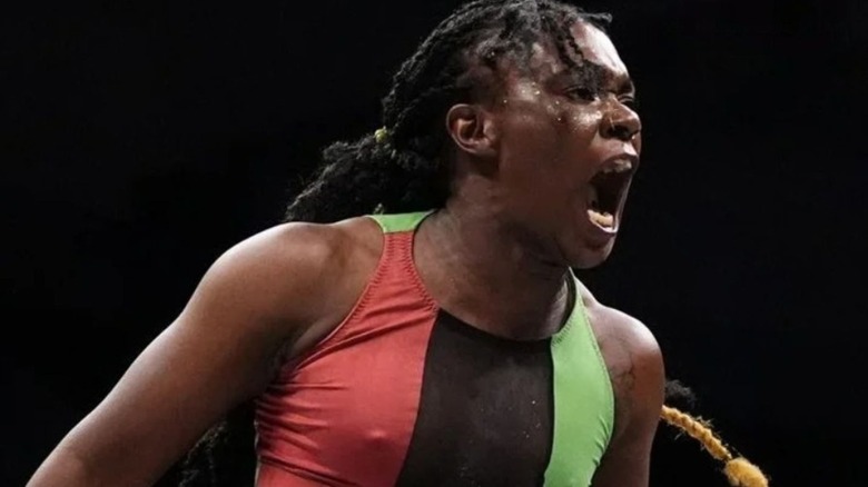 Trish Adora yells during a match on an episode of AEW programming.