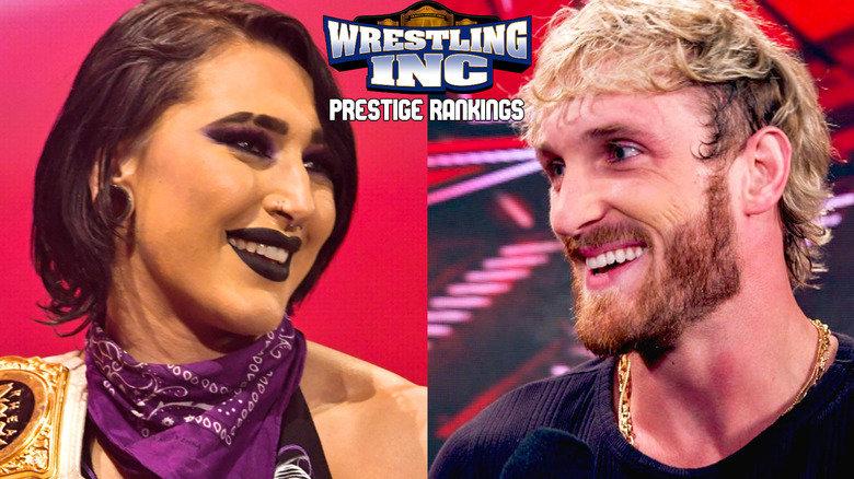 Rhea Ripley and Logan Paul look affectionately at the Wrestling Inc. logo