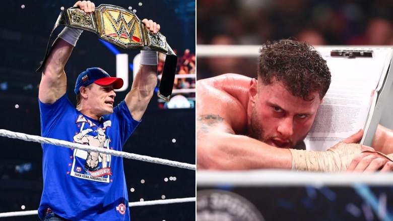John Cena holds up the WWE title & MJF cradles his world title contract