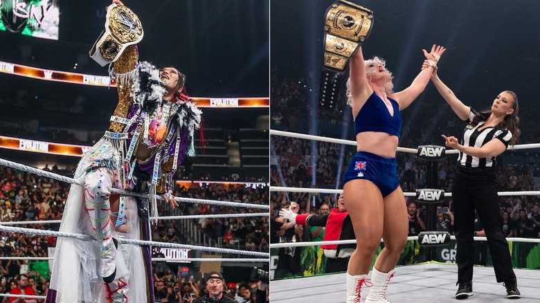 IYO SKY holds up the women's world title at WWE Evolution & Toni Storm hold up the AEW women's world title at AEW Grand Slam: Australia