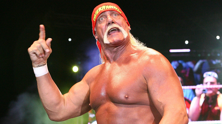 Hulk Hogan wearing his iconic red bandana and pointing in the air