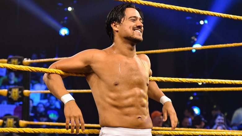 Angel Garza leaning against WWE NXT ropes